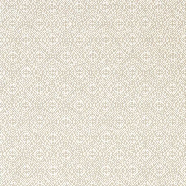 Pale ivory wallpaper with fine warm-greige diamond trellis and softly mottled texture