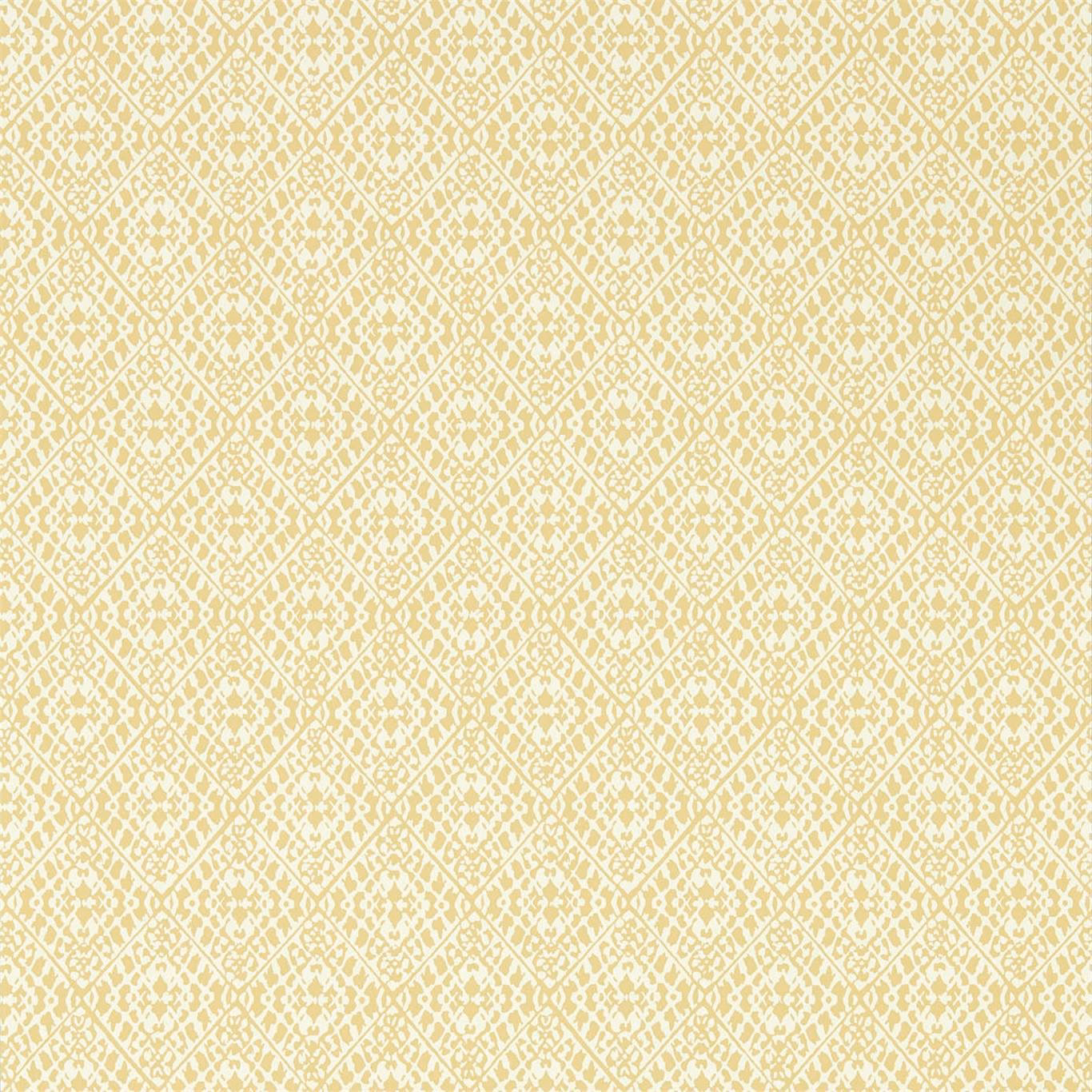 Pale straw-yellow wallpaper with a cream diamond trellis and mottled geometric details