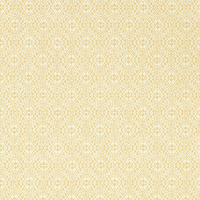 Pale straw-yellow wallpaper with a cream diamond trellis and mottled geometric details