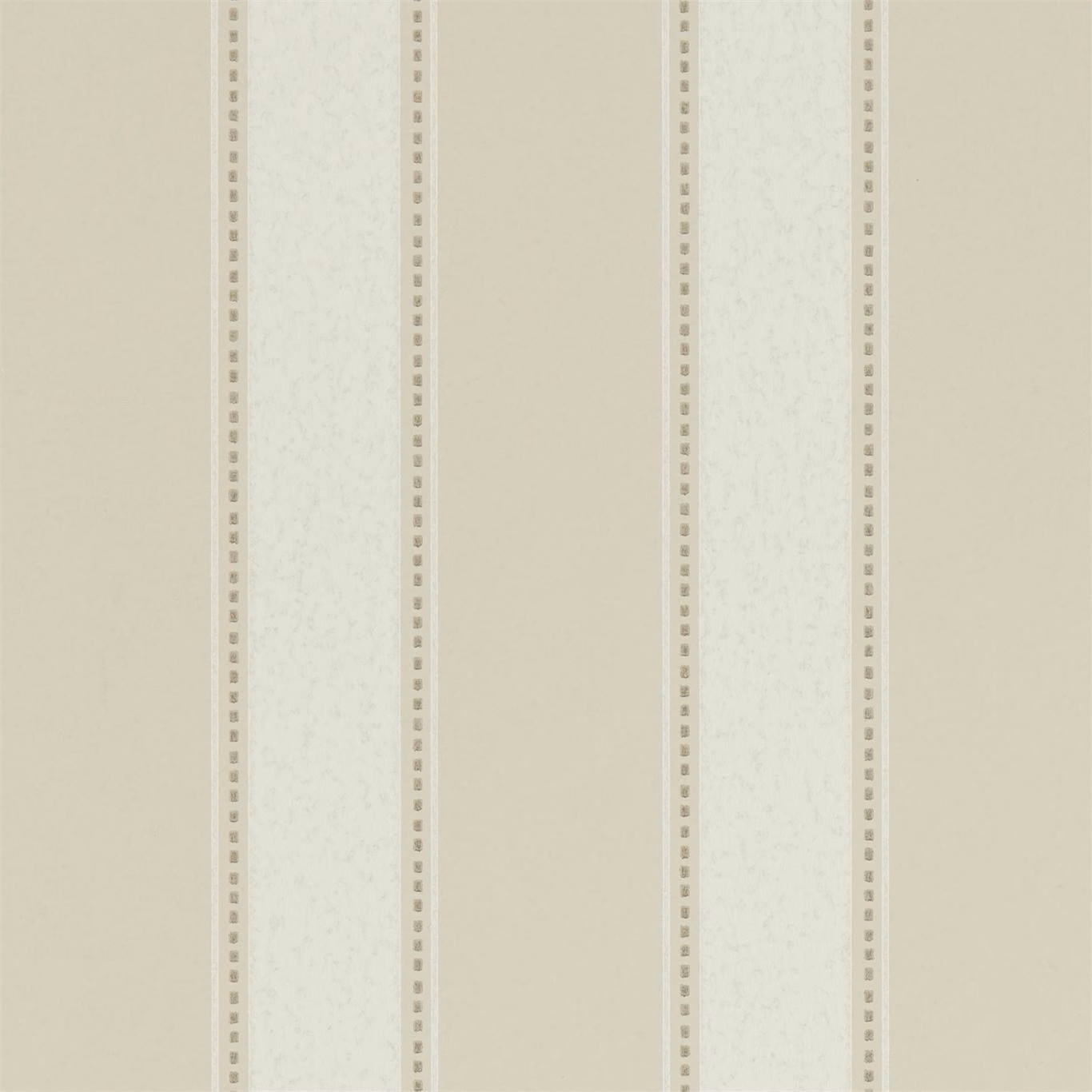 Pale greige wallpaper with vertical stripes, mottled bands and tiny square borders