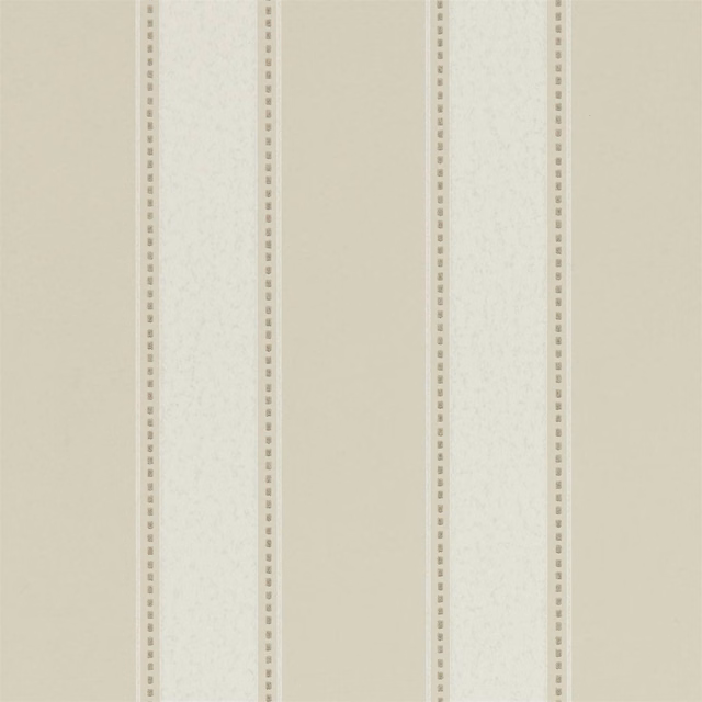 Pale greige wallpaper with vertical stripes, mottled bands and tiny square borders