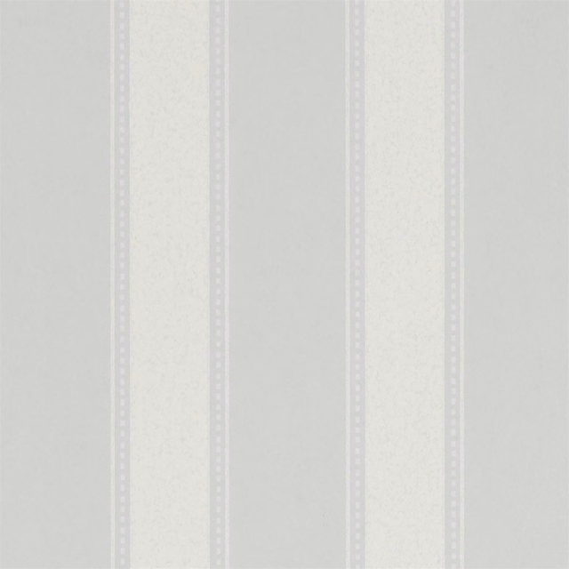 Pale powder blue wallpaper with vertical stripes and delicate dotted bands