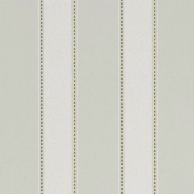 Pale silver-grey vertical wallpaper stripes with taupe dotted lines and mottled panels
