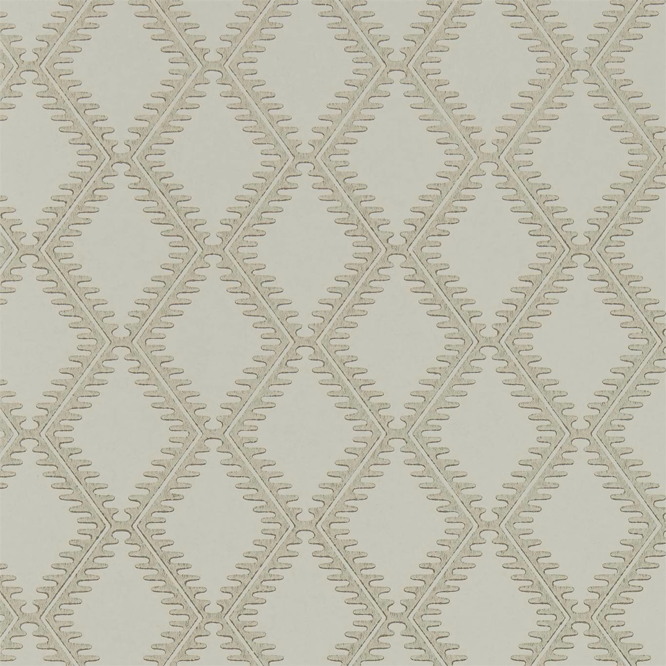 Pale sage-grey wallpaper with taupe looping diamond trellis motif
