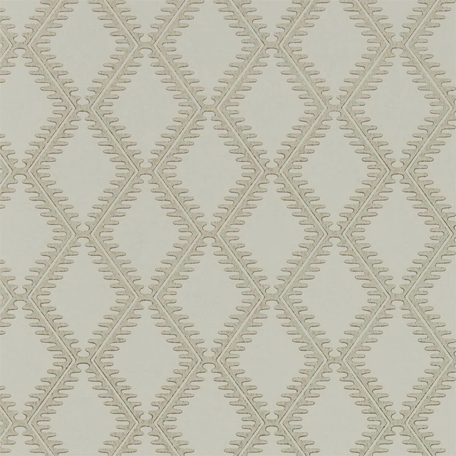 Pale sage-grey wallpaper with taupe looping diamond trellis motif