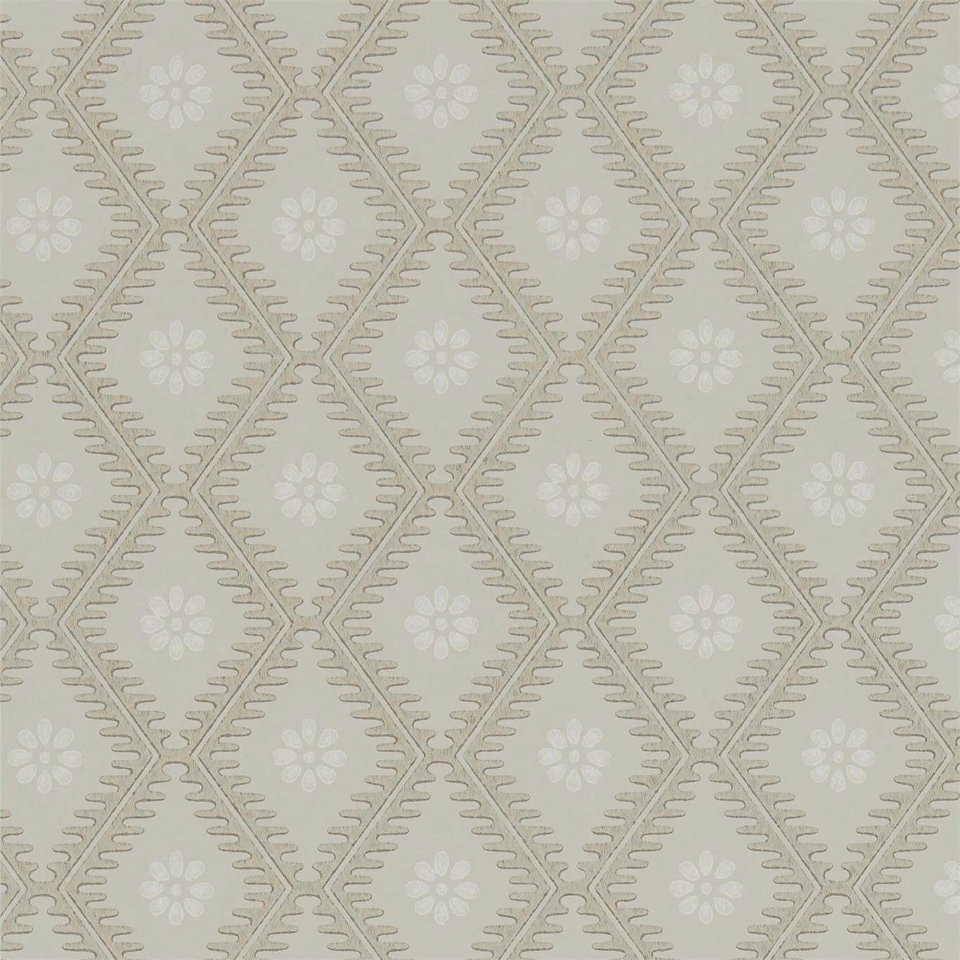 Pale birch greige wallpaper with taupe diamond trellis and small white daisies