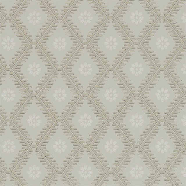 Pale birch greige wallpaper with taupe diamond trellis and small white daisies