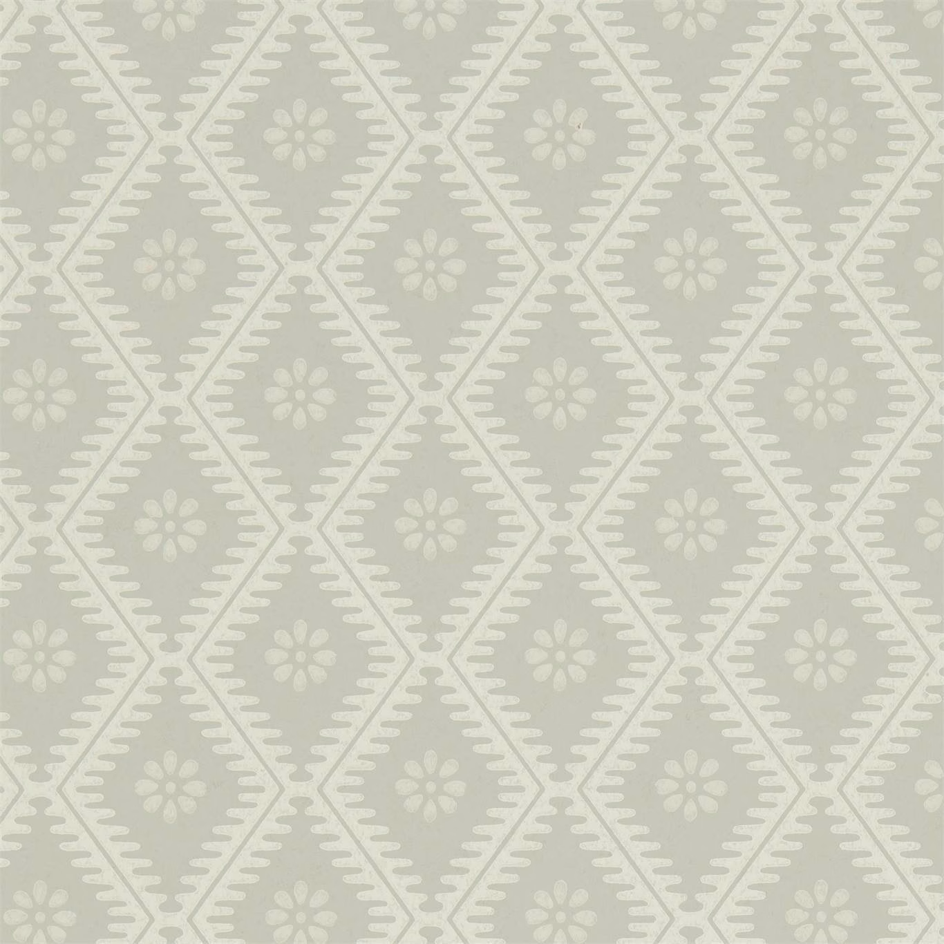 Pale lagoon wallpaper with cream daisies inside repeating diamond trellis motifs