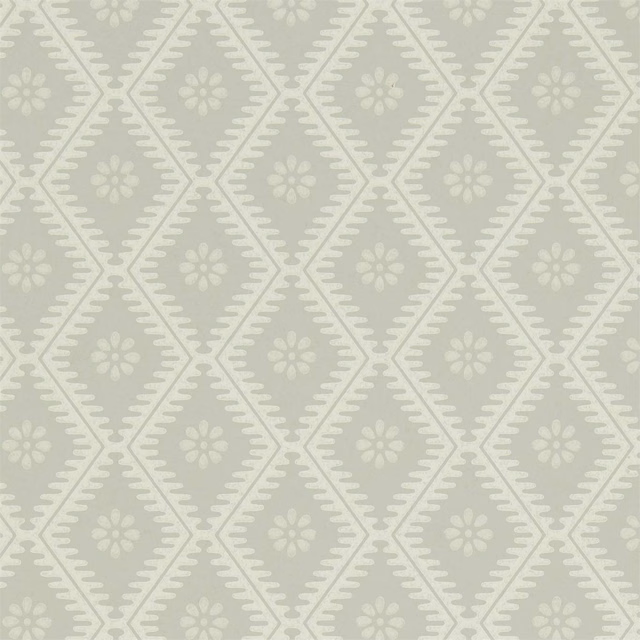Pale lagoon wallpaper with cream daisies inside repeating diamond trellis motifs
