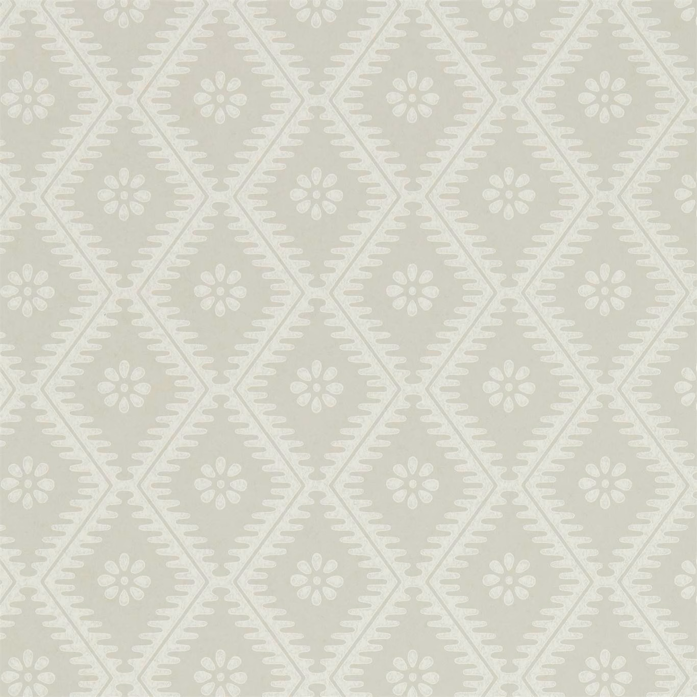 Pale sage wallpaper with ivory daisies inside repeating geometric diamond frames