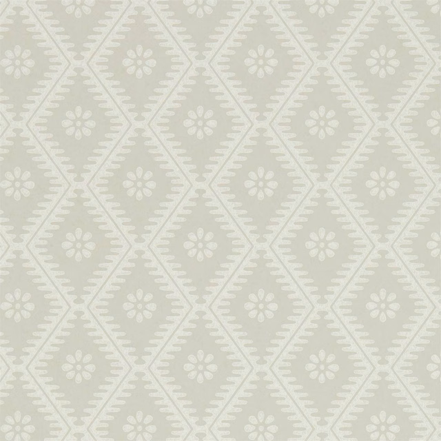 Pale sage wallpaper with ivory daisies inside repeating geometric diamond frames