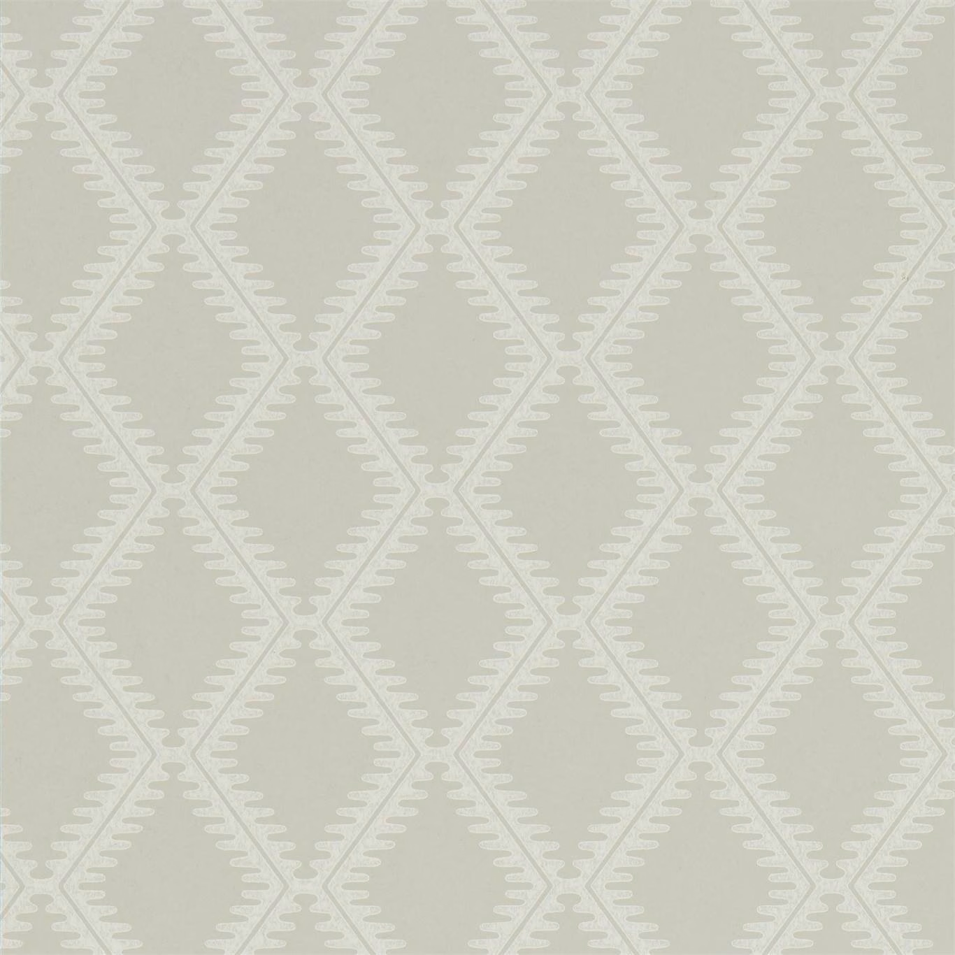 Muted sage-grey wallpaper with pale geometric diamonds and scalloped zigzag detailing