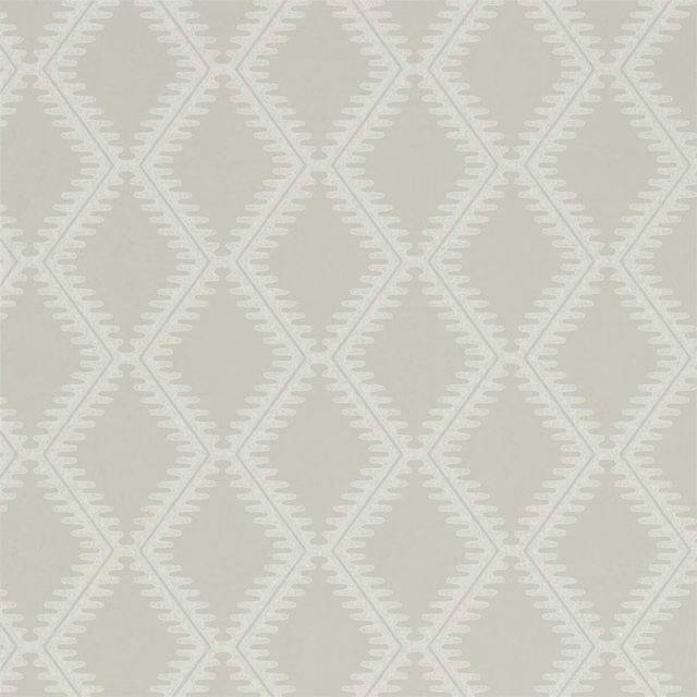 Muted sage-grey wallpaper with pale geometric diamonds and scalloped zigzag detailing