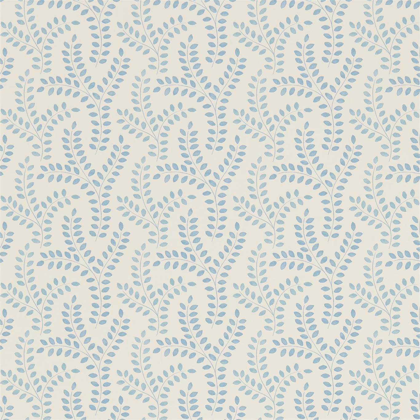Pale cream wallpaper with repeating cool blue leafy vine sprigs