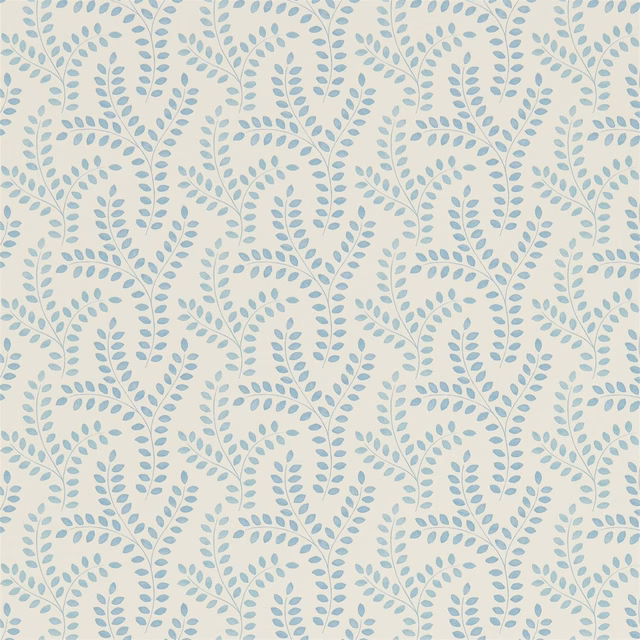 Pale cream wallpaper with repeating cool blue leafy vine sprigs