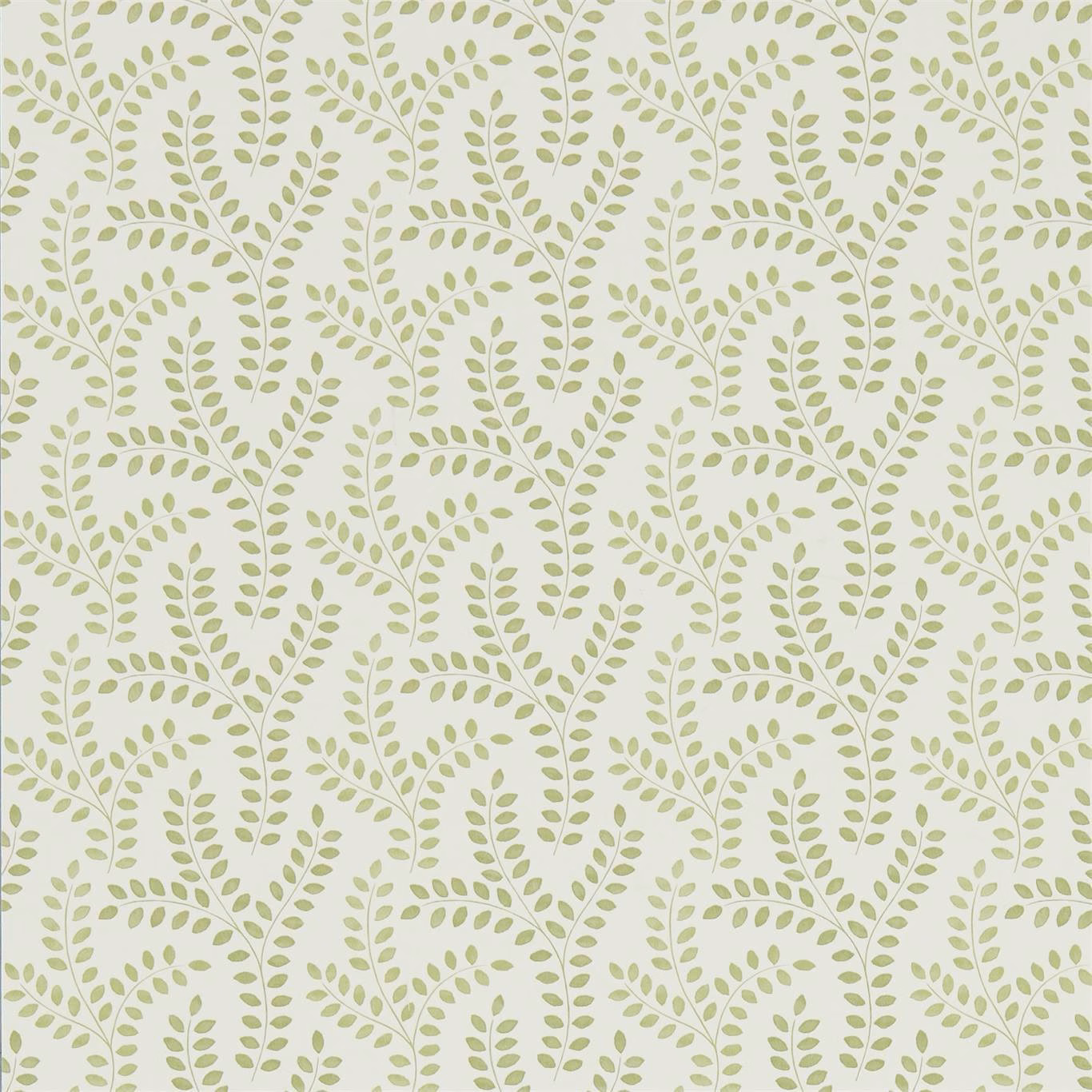 Cream wallpaper with repeating muted moss-green leafy stems and delicate botanical branches