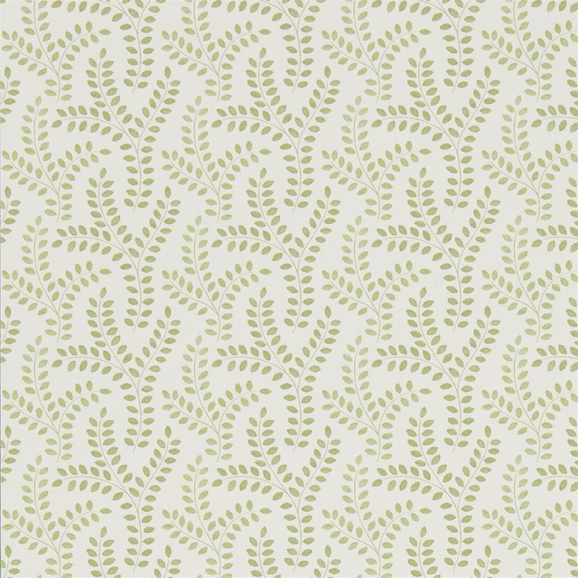 Cream wallpaper with repeating muted moss-green leafy stems and delicate botanical branches