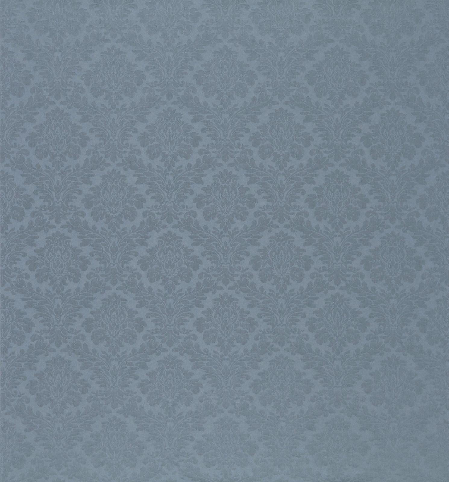 Pale mid blue damask fabric with repeating floral medallions and soft woven texture