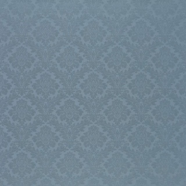 Pale mid blue damask fabric with repeating floral medallions and soft woven texture