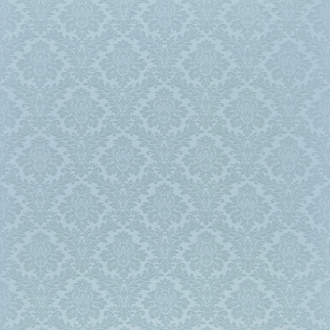 Pale sky blue damask fabric with leafy floral medallions and soft tonal contrast