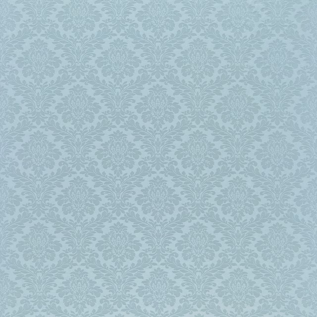 Pale sky blue damask fabric with leafy floral medallions and soft tonal contrast