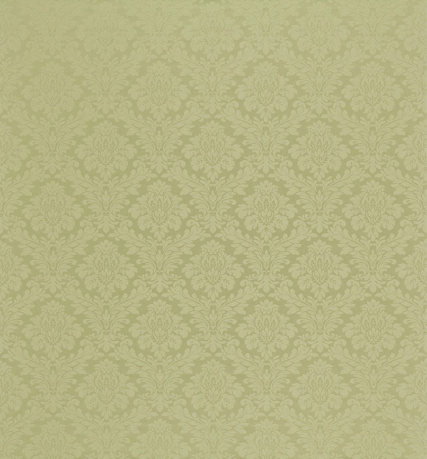 Pale willow green damask fabric with repeating woven floral scroll motif