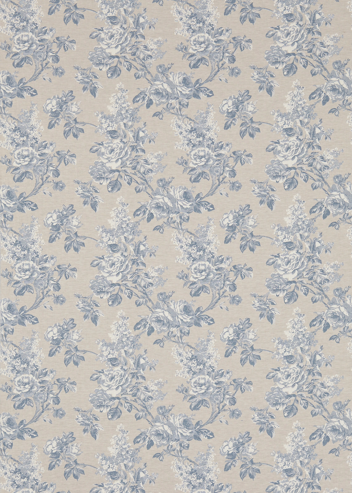Blue and cream floral damask on a linen-toned woven ground