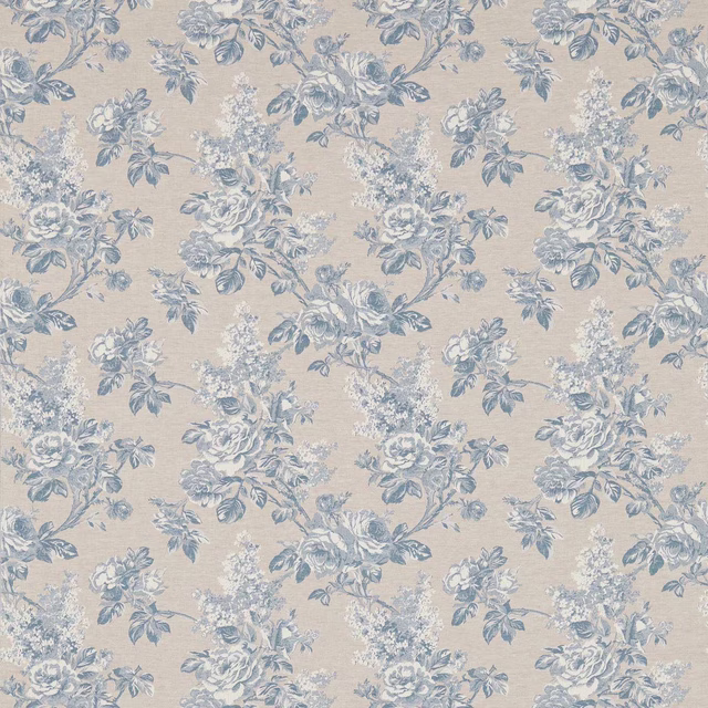 Blue and cream floral damask on a linen-toned woven ground