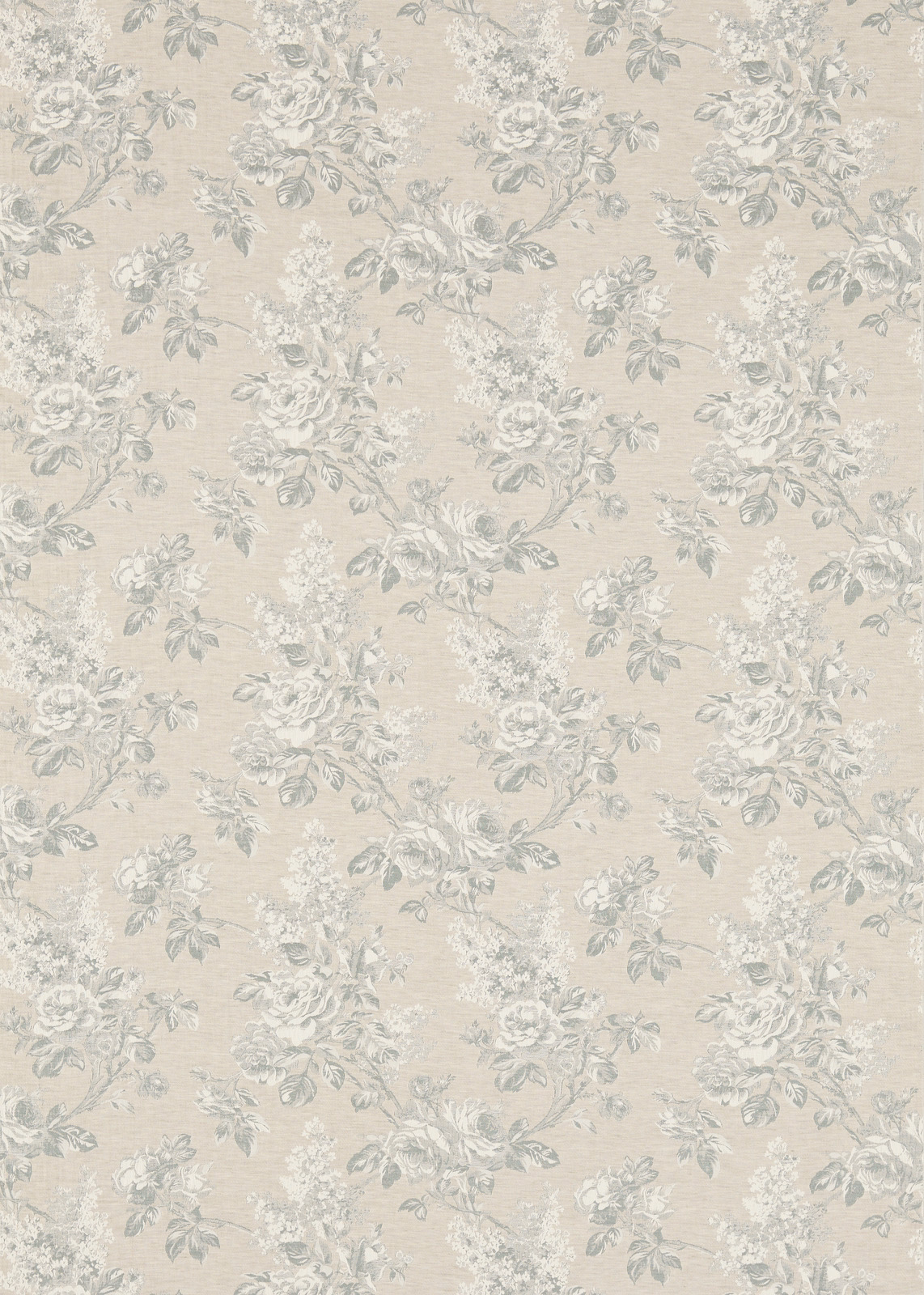 Pale eggshell damask fabric with faded floral bouquets and soft grey-green leaves