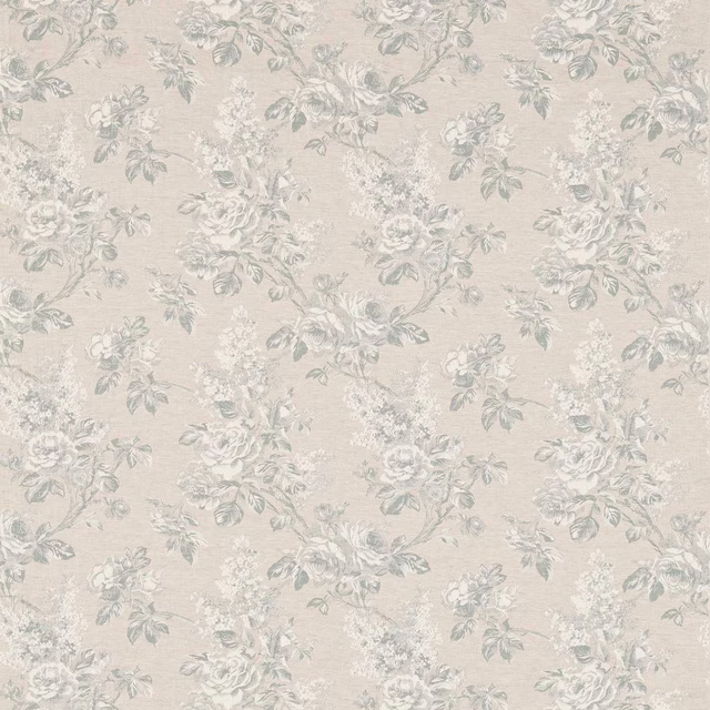 Pale eggshell damask fabric with faded floral bouquets and soft grey-green leaves