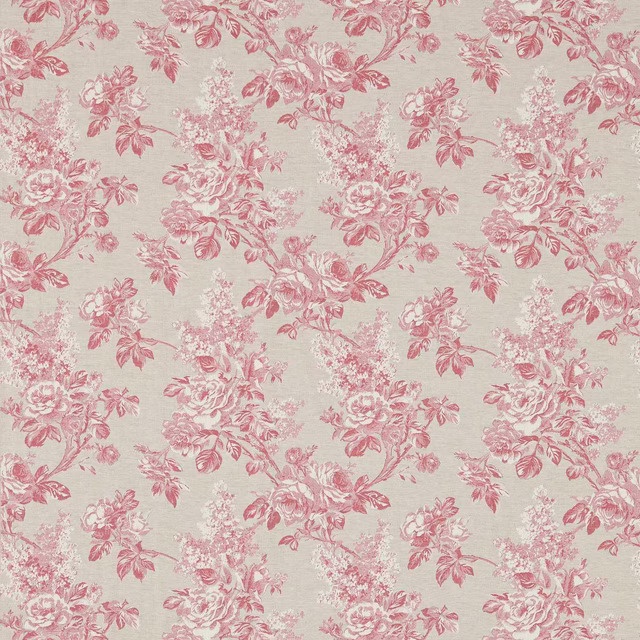 Pink rose damask floral fabric on a warm linen ground