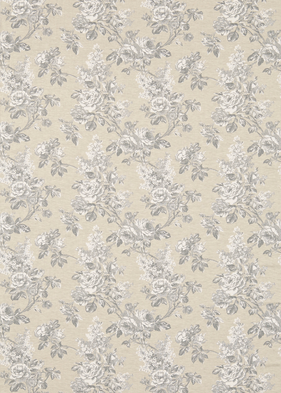 Pale linen damask fabric with silver-grey roses and trailing foliage