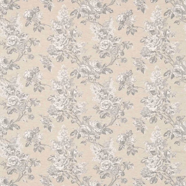Pale linen damask fabric with silver-grey roses and trailing foliage