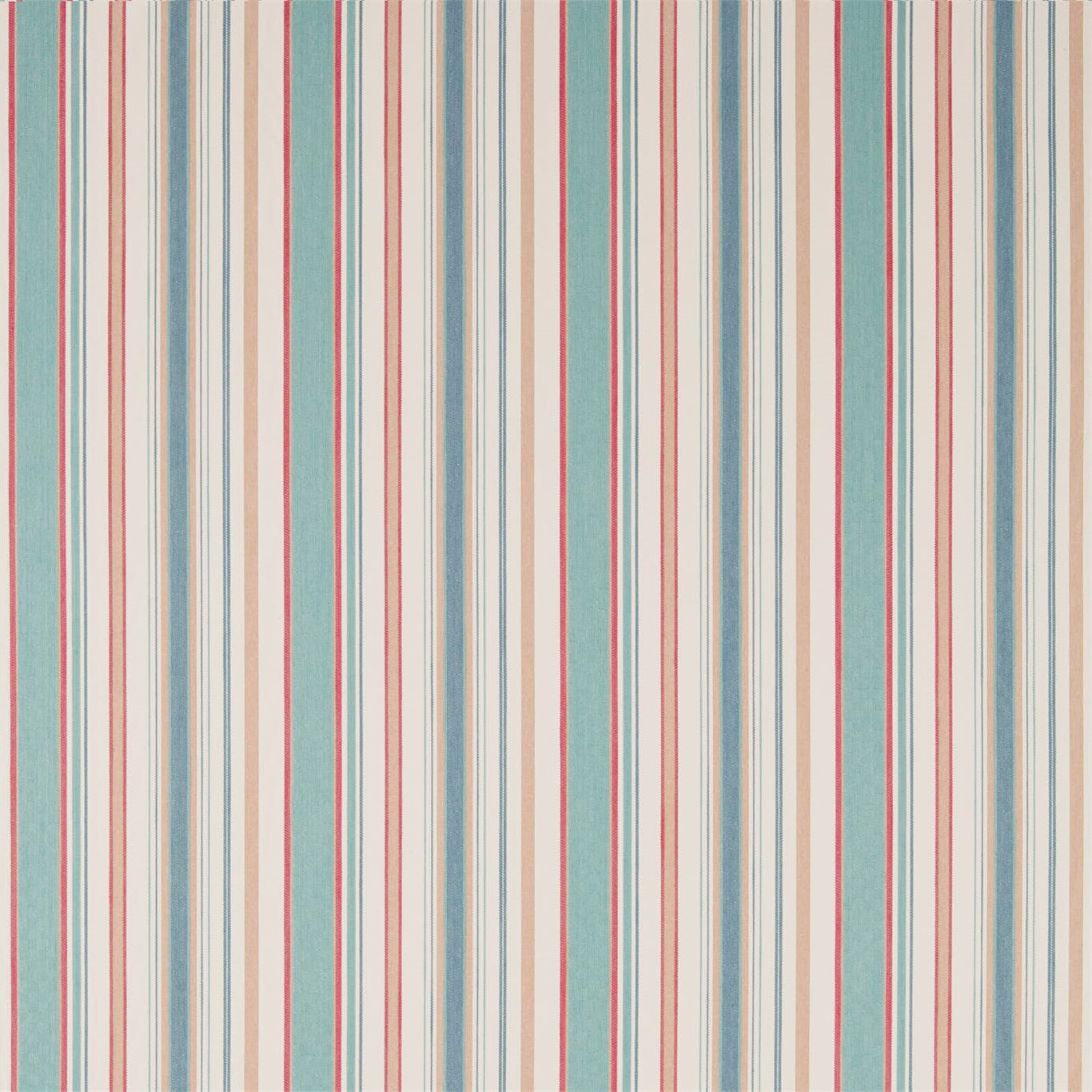 Vertical striped woven fabric in brick red, aqua, sand and ivory