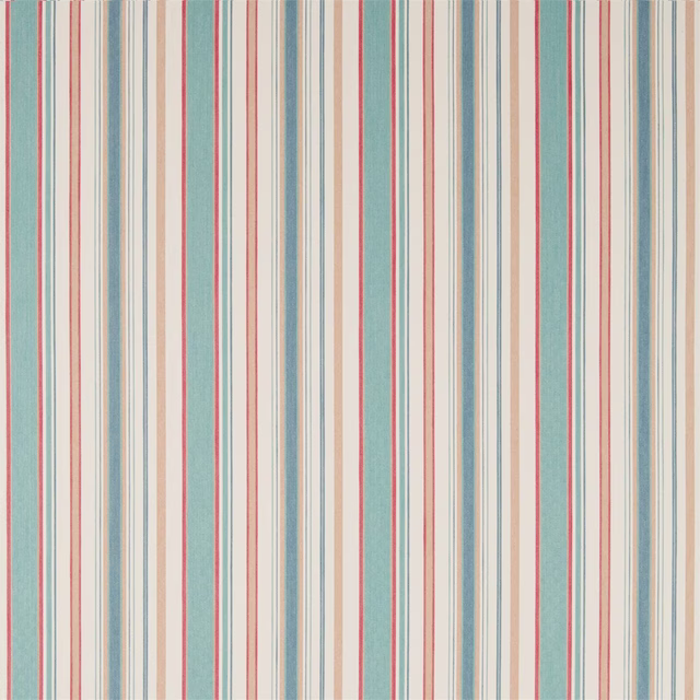 Vertical striped woven fabric in brick red, aqua, sand and ivory