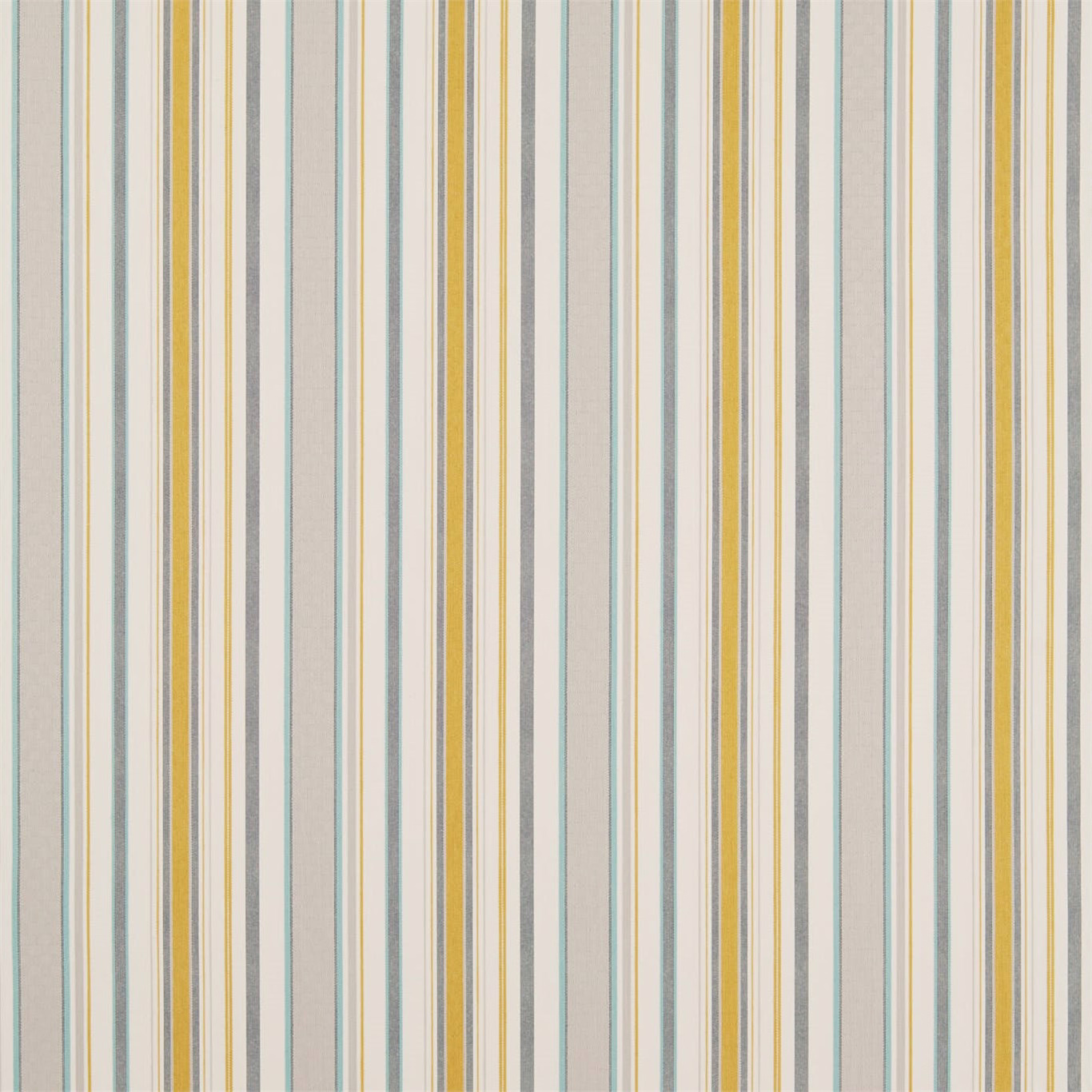 Vertical woven stripe fabric in soft Dijon yellow, teal and neutral tones