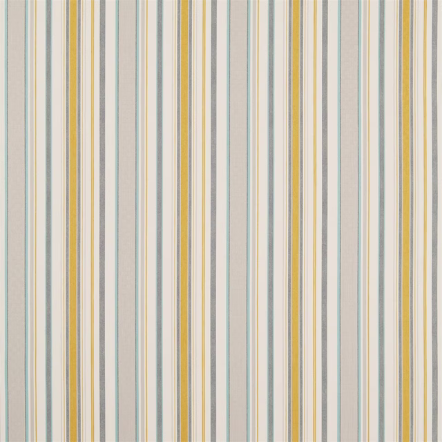 Vertical woven stripe fabric in soft Dijon yellow, teal and neutral tones