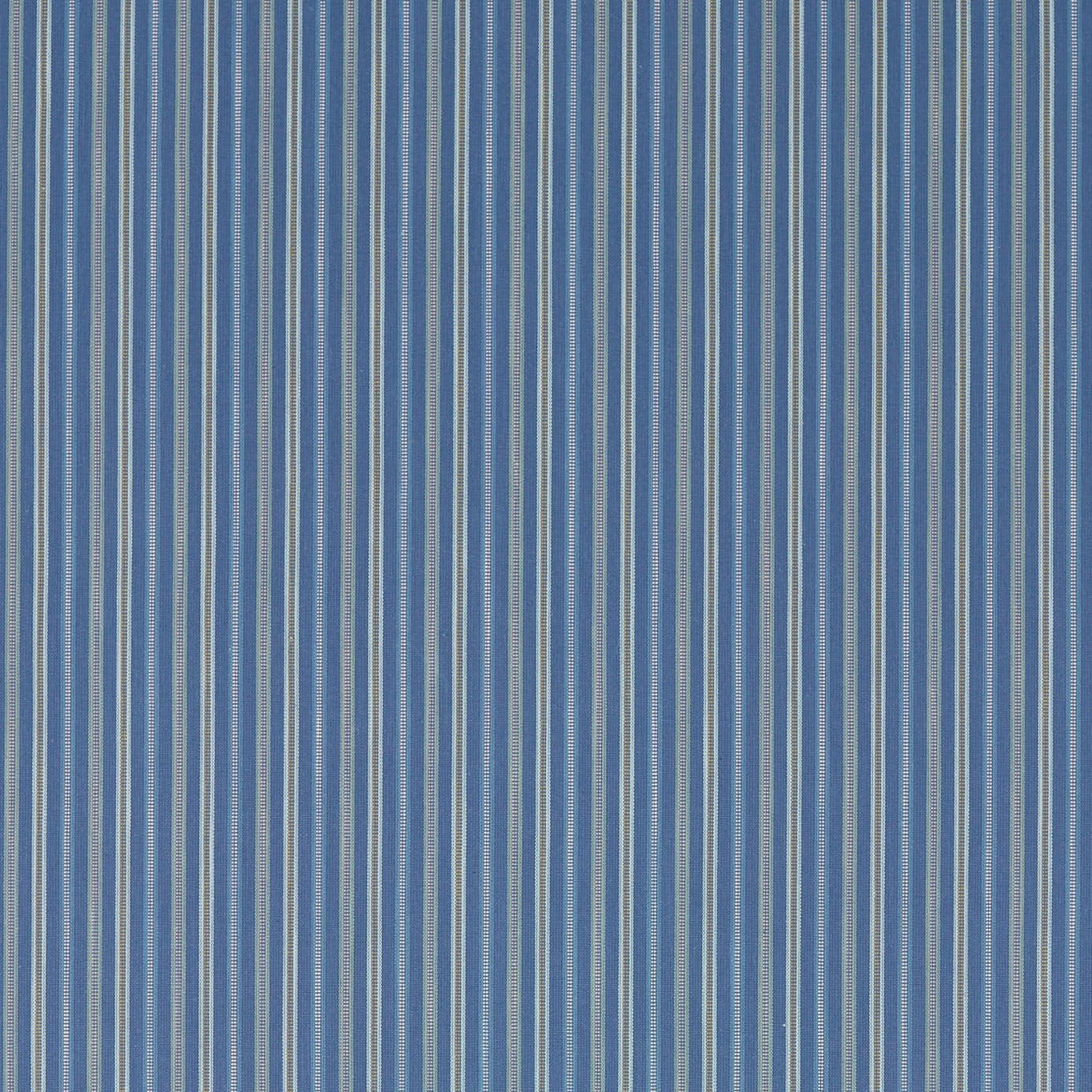 Blue striped woven fabric with narrow pale pinstripes on a marine ground