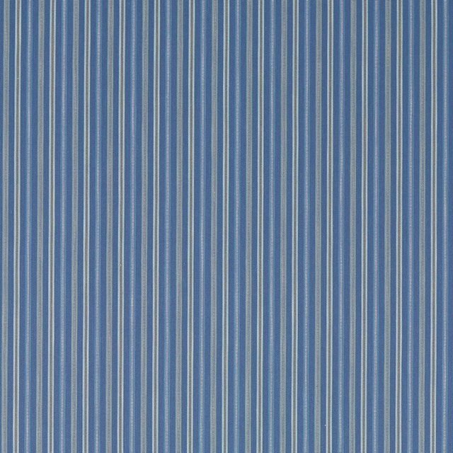 Blue striped woven fabric with narrow pale pinstripes on a marine ground