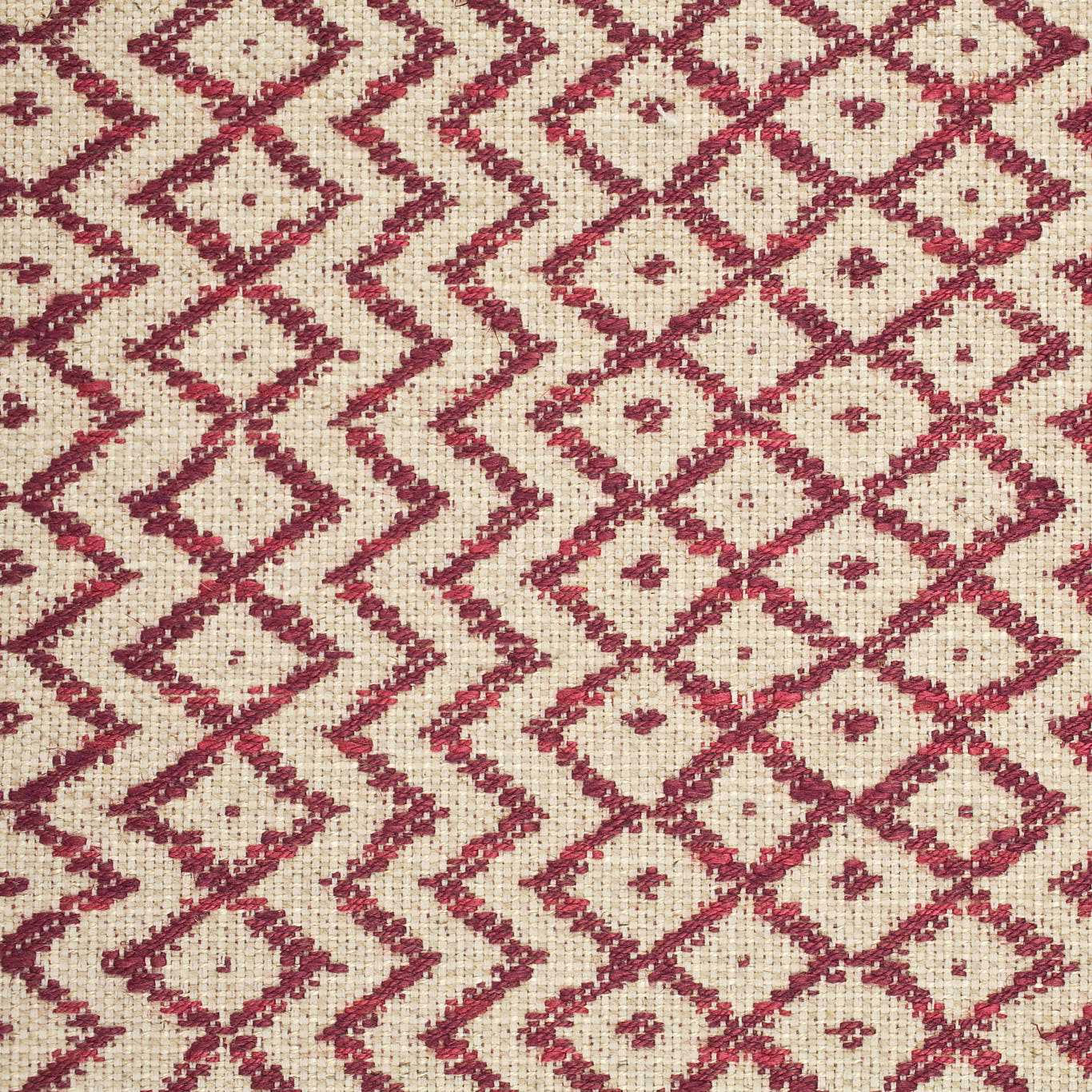 Cream woven fabric with claret diamond and zigzag geometric pattern