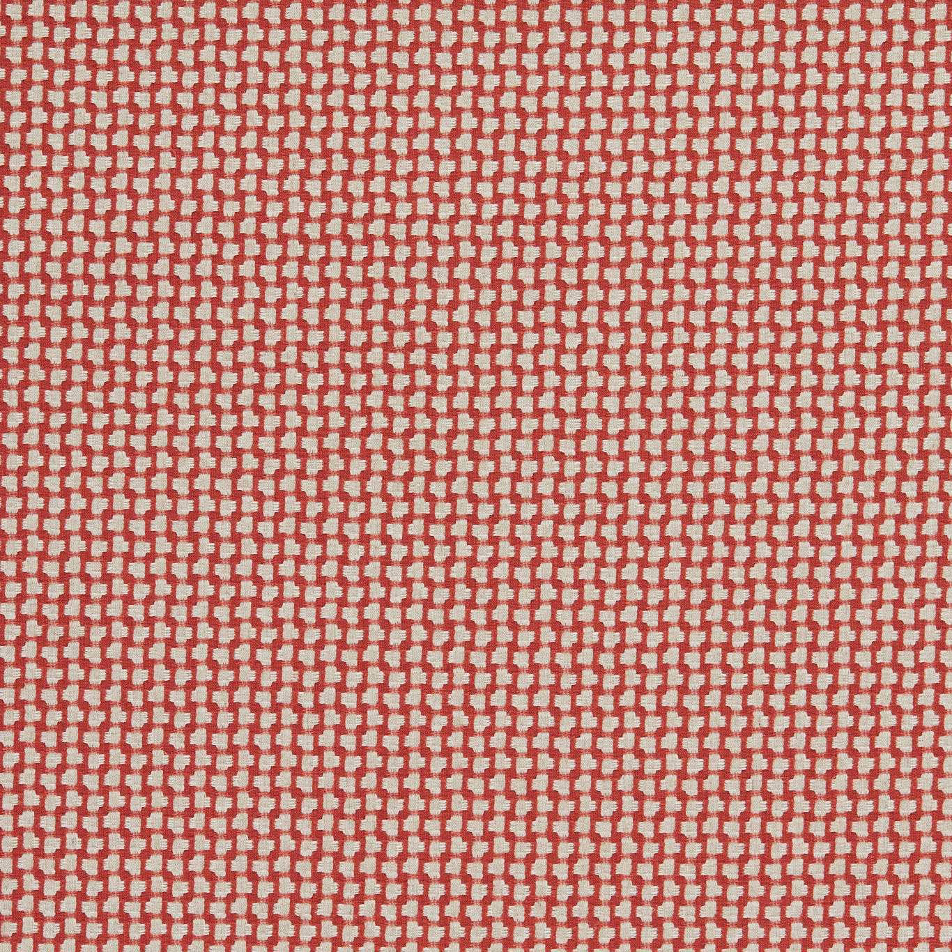 Close-up of a small-scale red and cream woven fabric with a textured grid pattern