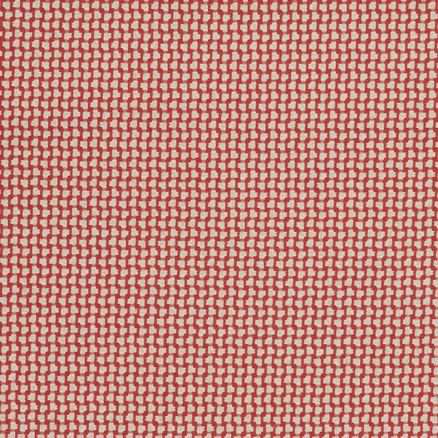 Close-up of a small-scale red and cream woven fabric with a textured grid pattern