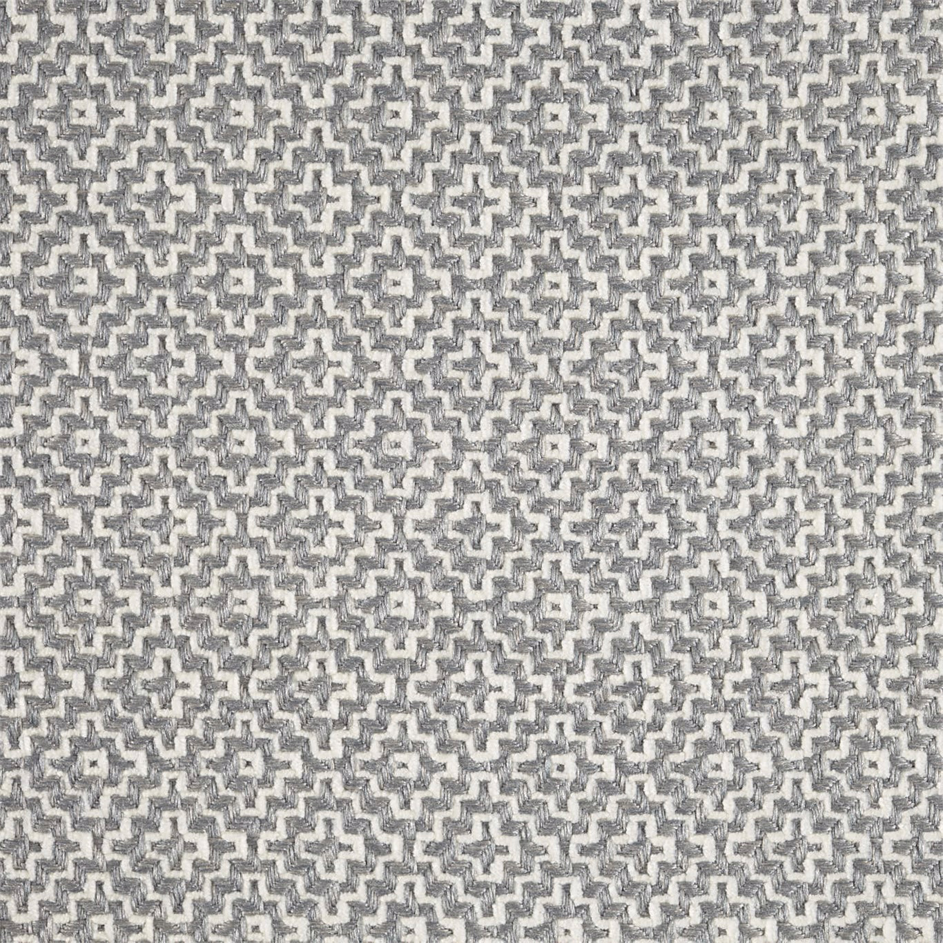 Close-up of a small geometric woven fabric in dove and silver grey