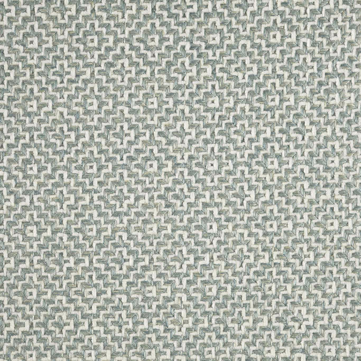 Close-up of pale mineral blue and ivory geometric woven fabric with a tight textured finish