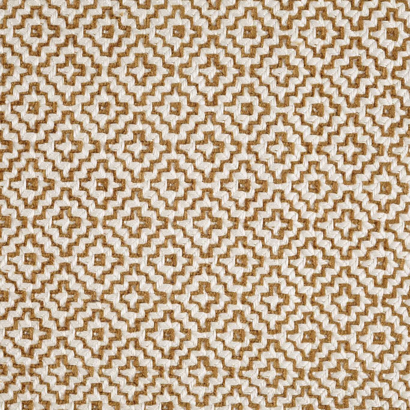 Close-up of ochre and ivory geometric woven fabric with a small repeat