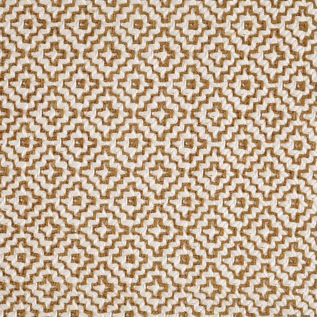 Close-up of ochre and ivory geometric woven fabric with a small repeat