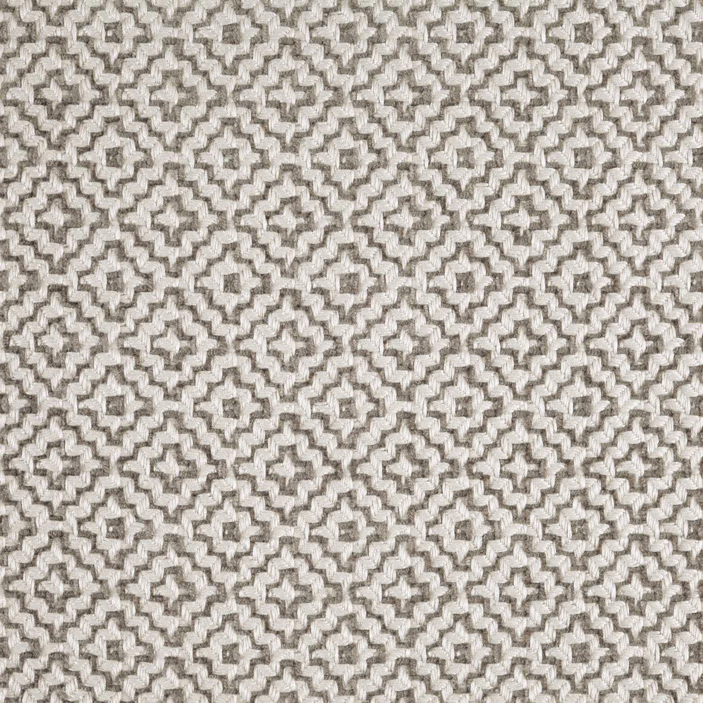 Close-up of a warm pebble-grey geometric woven fabric with cream and taupe detail