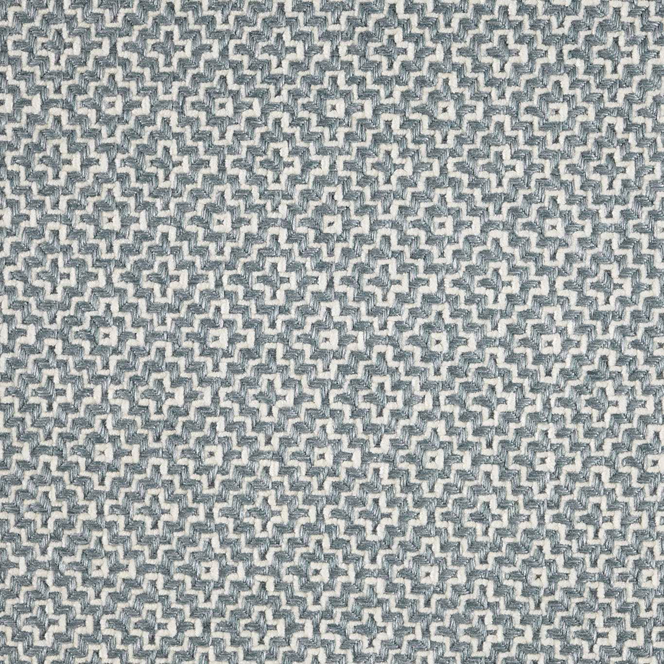 Close-up of a small Wedgwood blue and ivory geometric woven fabric swatch