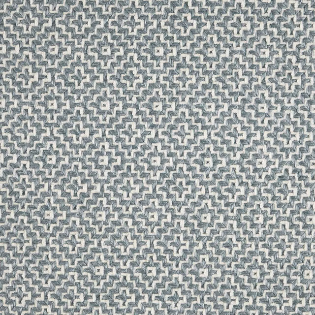 Close-up of a small Wedgwood blue and ivory geometric woven fabric swatch