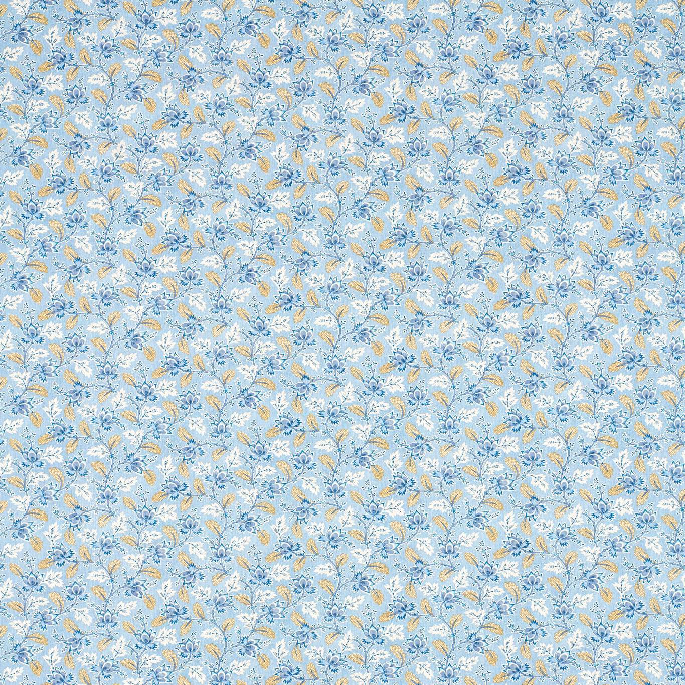 Pale indigo floral fabric with cream and gold tiny trailing motif